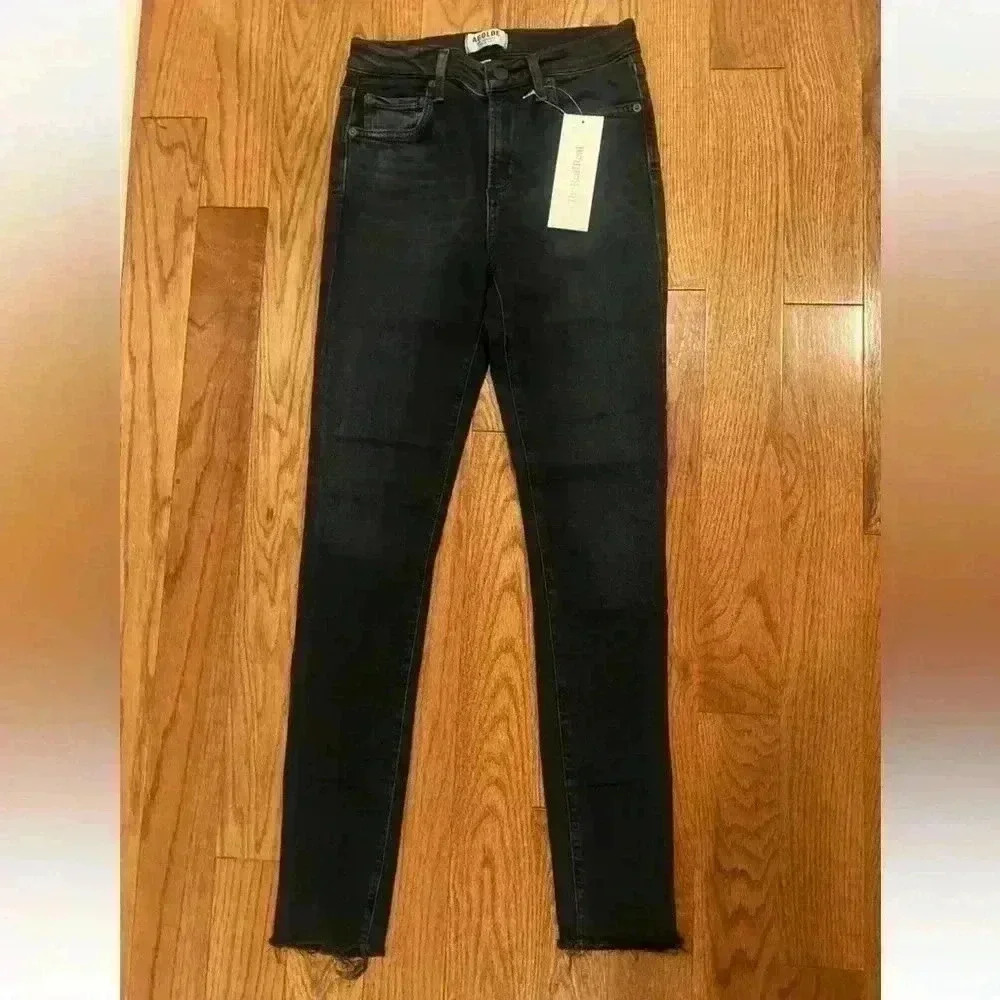 AGOLDE Mid‎ Rise Skinny Denim Jeans US 26 Raw Frayed Hem Dark Wash Inseam 29”